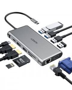 AUKEY CB-C78 aluminiowy HUB USB-C | 12w1 | RJ45 Ethernet 10/100/1000Mbps | 2xUSB 3.1 | 2xUSB 2.0 | 2xHDMI 4k@30Hz | VGA | SD i microSD | USB-C