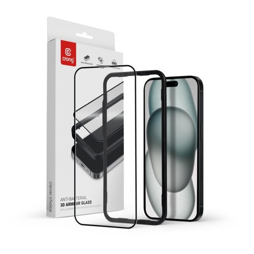 CRONG Szkło hartowane Anti-Bacterial 3D Armour Glass 9H na cały ekran iPhone 16 / iPhone 15 z ramką instalacyjną