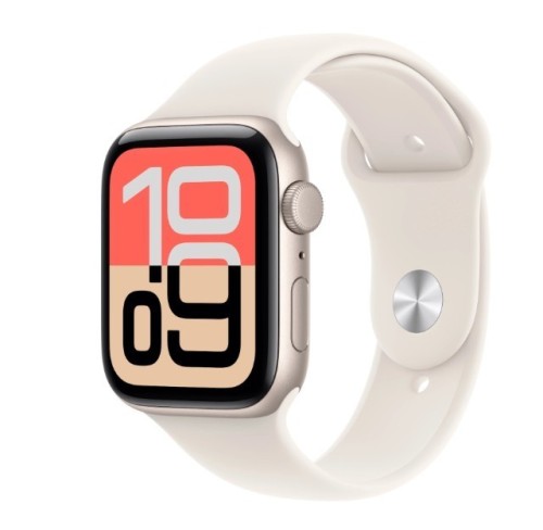 Apple Watch SE 3 GPS koperta 44 mm z aluminium w kolorze księżycowej poświaty, pasek sportowy w kolorze księżycowej poświaty - rozmiar S/M